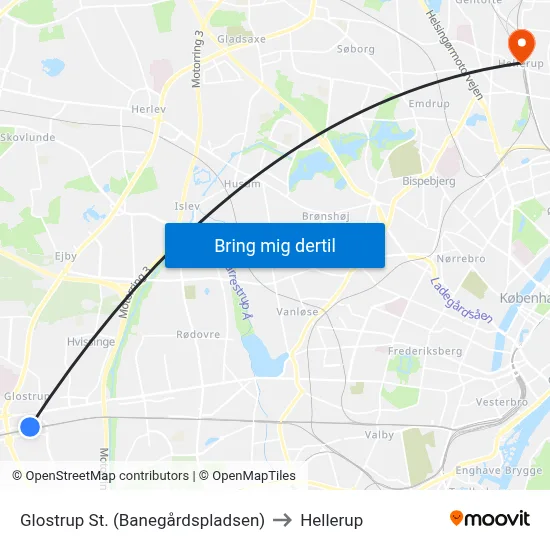 Glostrup St. (Banegårdspladsen) to Hellerup map