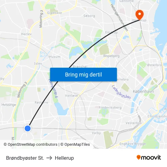 Brøndbyøster St. to Hellerup map