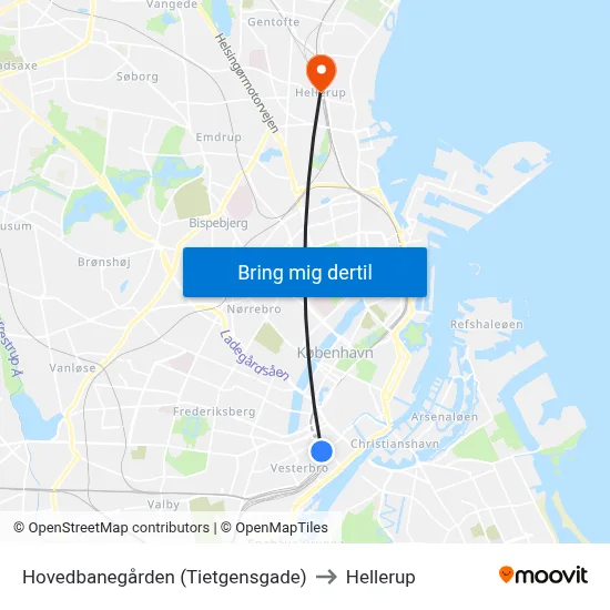 Hovedbanegården (Tietgensgade) to Hellerup map
