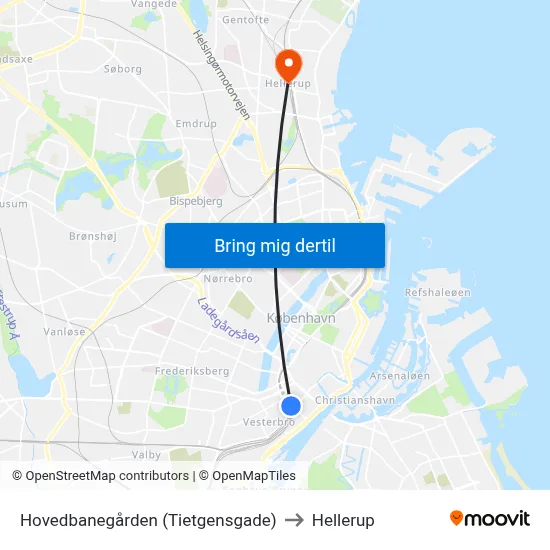 Hovedbanegården (Tietgensgade) to Hellerup map