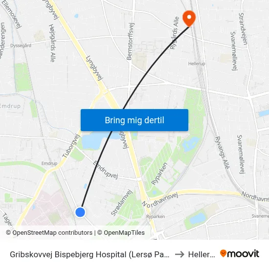 Gribskovvej Bispebjerg Hospital (Lersø Parkallé) to Hellerup map