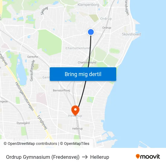 Ordrup Gymnasium (Fredensvej) to Hellerup map
