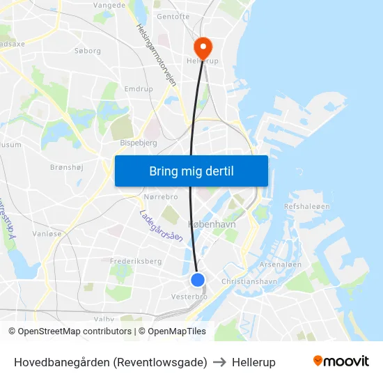 Hovedbanegården (Reventlowsgade) to Hellerup map