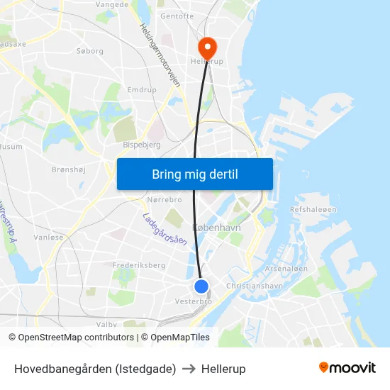 Hovedbanegården (Istedgade) to Hellerup map