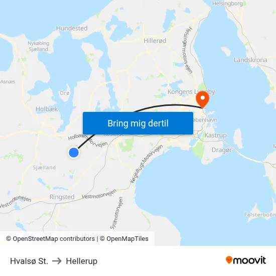 Hvalsø St. to Hellerup map