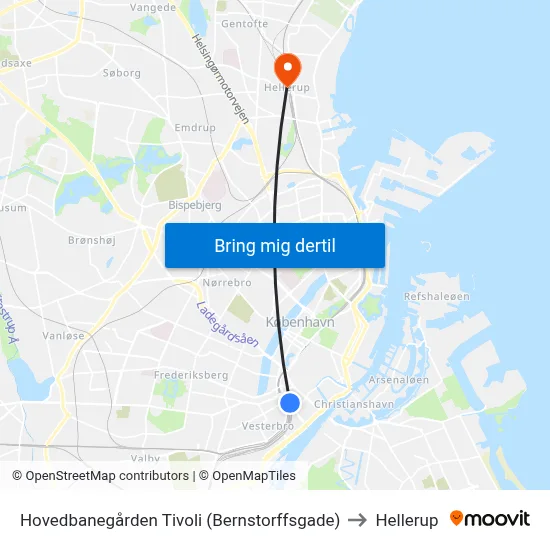 Hovedbanegården Tivoli (Bernstorffsgade) to Hellerup map