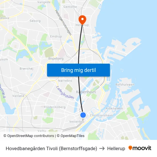 Hovedbanegården Tivoli (Bernstorffsgade) to Hellerup map
