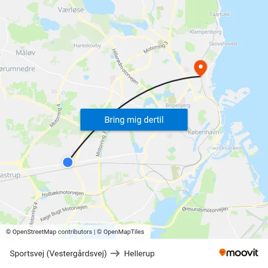 Sportsvej (Vestergårdsvej) to Hellerup map