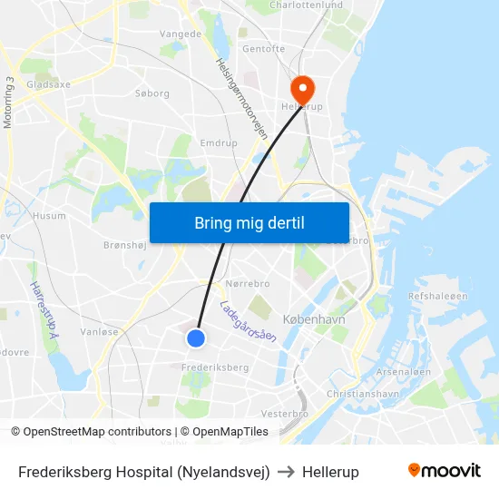 Frederiksberg Hospital (Nyelandsvej) to Hellerup map