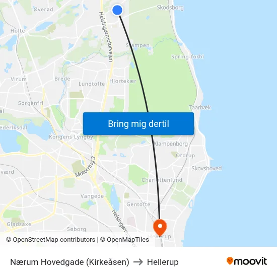Nærum Hovedgade (Kirkeåsen) to Hellerup map