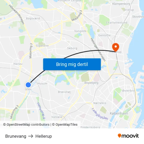 Brunevang to Hellerup map