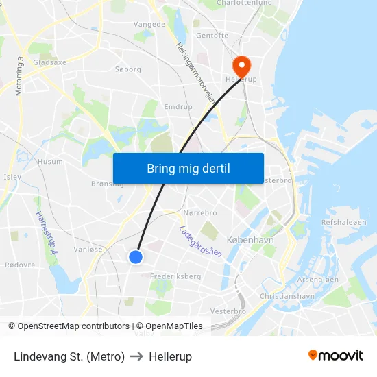 Lindevang St. (Metro) to Hellerup map