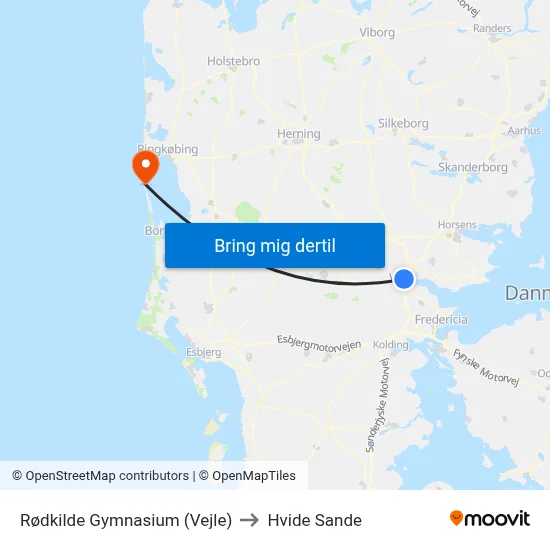 Rødkilde Gymnasium (Vejle) to Hvide Sande map