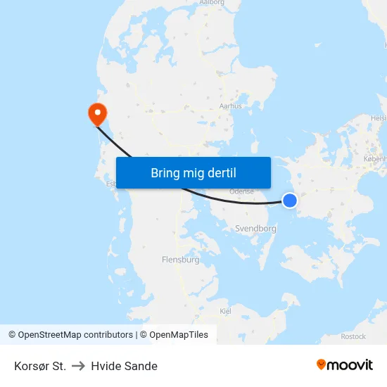 Korsør St. to Hvide Sande map