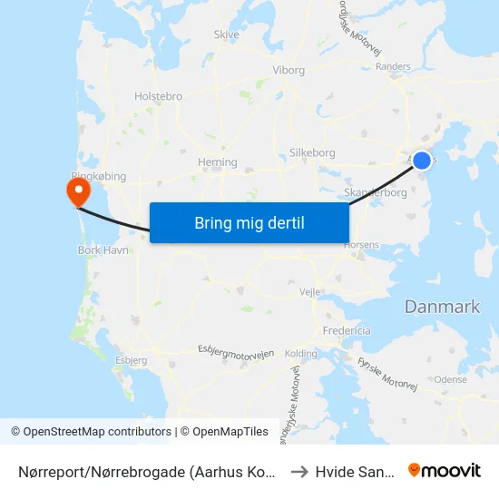 Nørreport/Nørrebrogade (Aarhus Kom) to Hvide Sande map