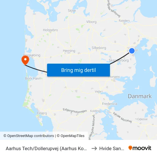 Aarhus Tech/Dollerupvej (Aarhus Kom) to Hvide Sande map