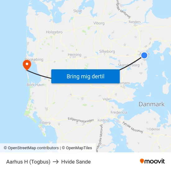 Aarhus H (Togbus) to Hvide Sande map