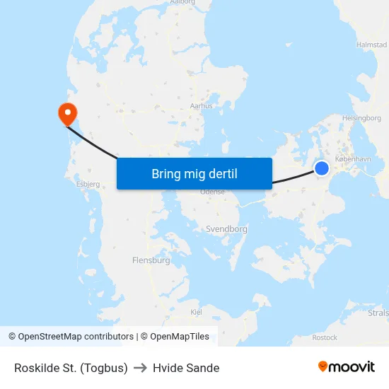 Roskilde St. (Togbus) to Hvide Sande map