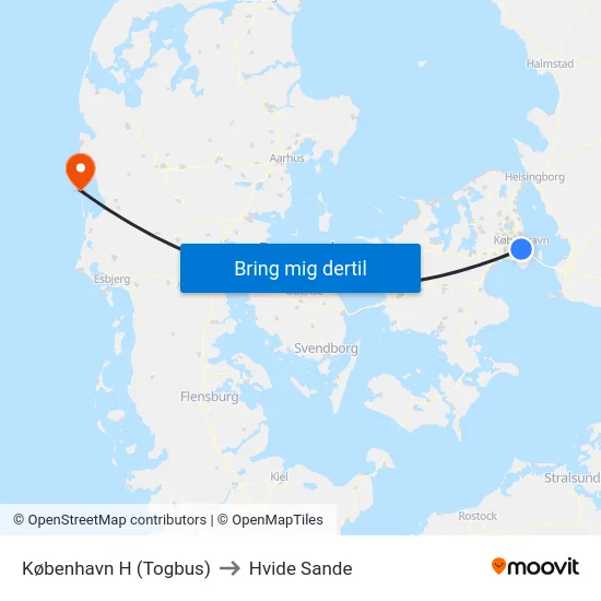 København H (Togbus) to Hvide Sande map
