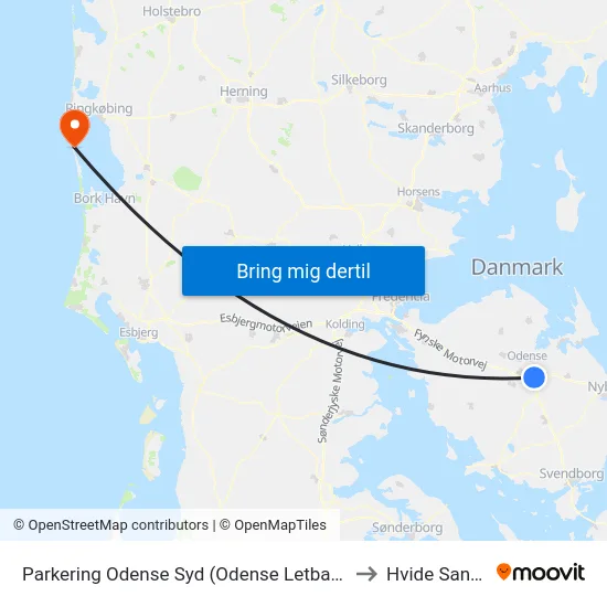 Parkering Odense Syd (Odense Letbane) to Hvide Sande map