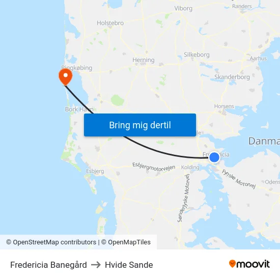 Fredericia Banegård to Hvide Sande map