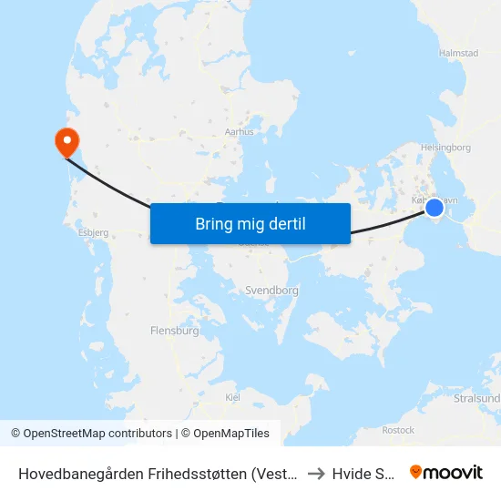 Hovedbanegården Frihedsstøtten (Vesterbrogade) to Hvide Sande map