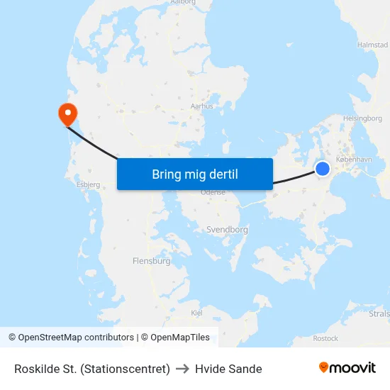 Roskilde St. (Stationscentret) to Hvide Sande map
