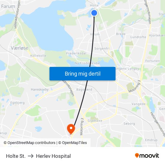 Holte St. to Herlev Hospital map