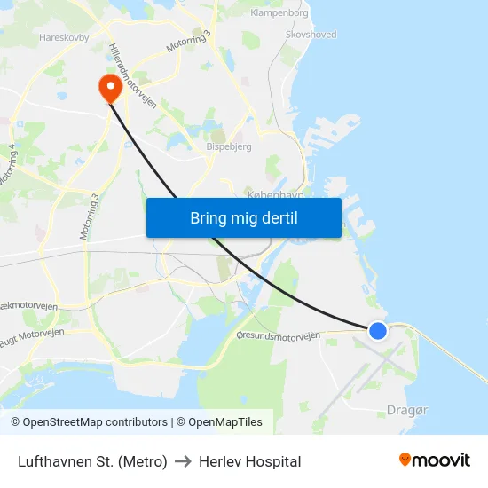 Lufthavnen St. (Metro) to Herlev Hospital map