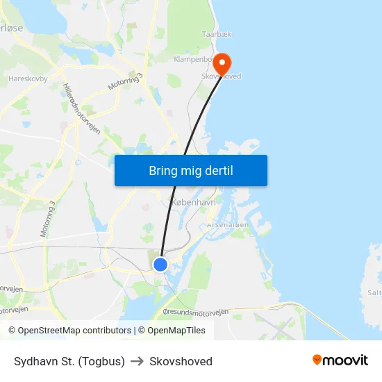 Sydhavn St. (Togbus) to Skovshoved map