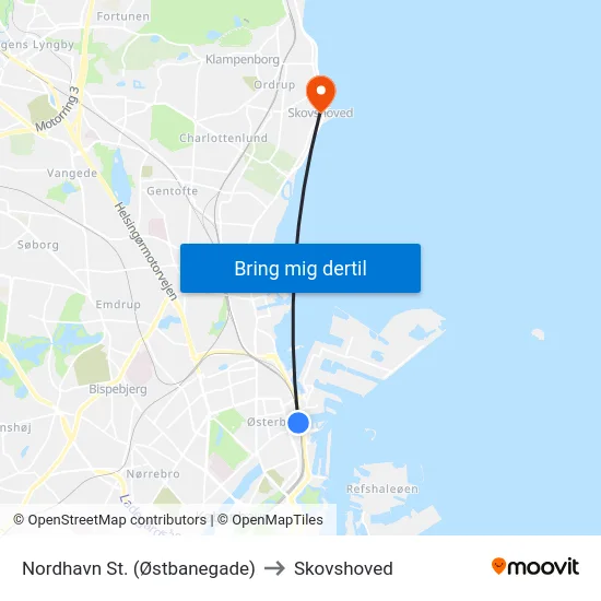 Nordhavn St. (Østbanegade) to Skovshoved map
