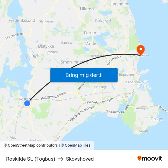 Roskilde St. (Togbus) to Skovshoved map
