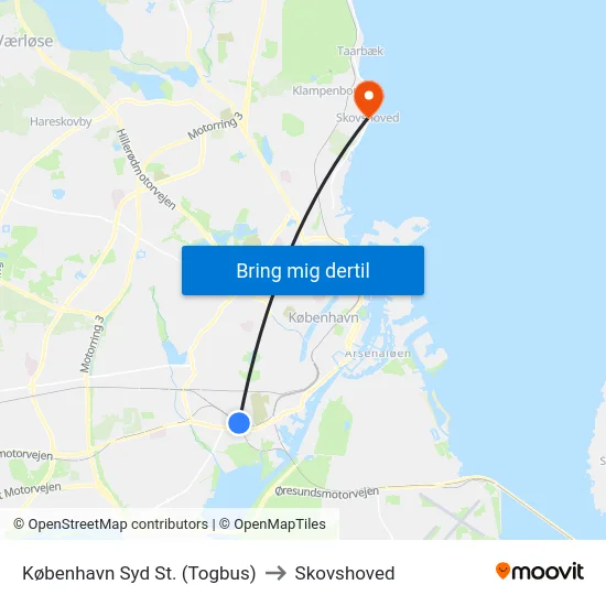 København Syd St. (Togbus) to Skovshoved map