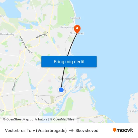 Vesterbros Torv (Vesterbrogade) to Skovshoved map