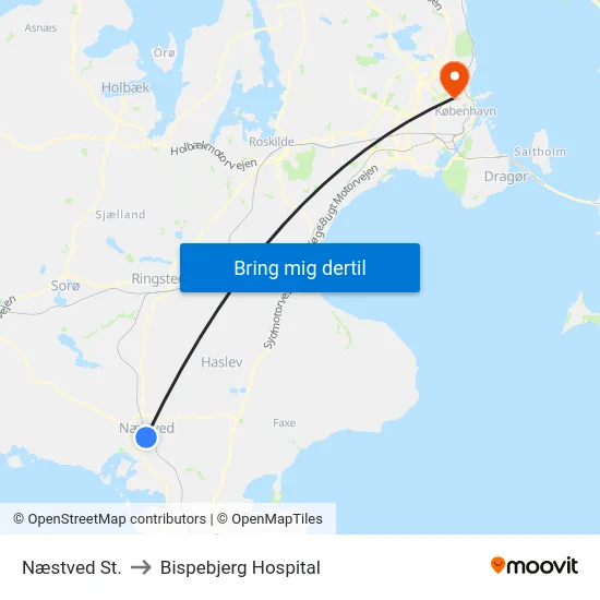 Næstved St. to Bispebjerg Hospital map