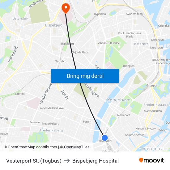 Vesterport St. (Togbus) to Bispebjerg Hospital map