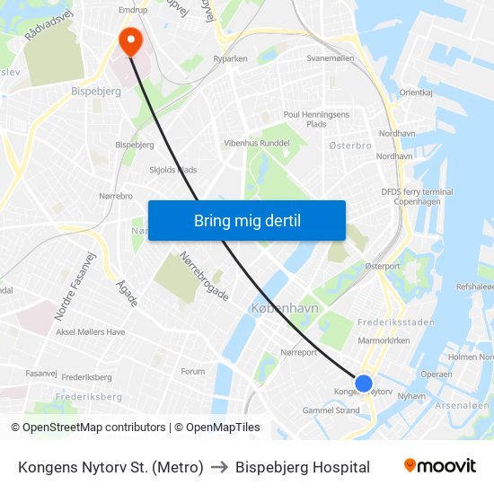 Kongens Nytorv St. (Metro) to Bispebjerg Hospital map
