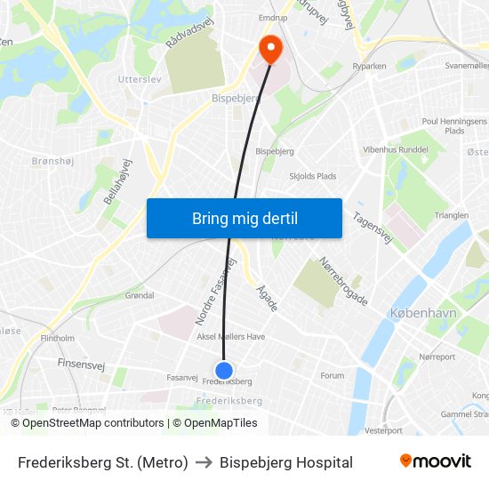 Frederiksberg St. (Metro) to Bispebjerg Hospital map