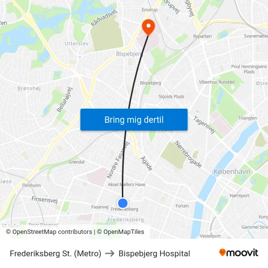 Frederiksberg St. (Metro) to Bispebjerg Hospital map