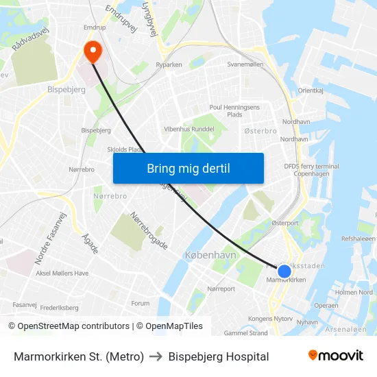 Marmorkirken St. (Metro) to Bispebjerg Hospital map