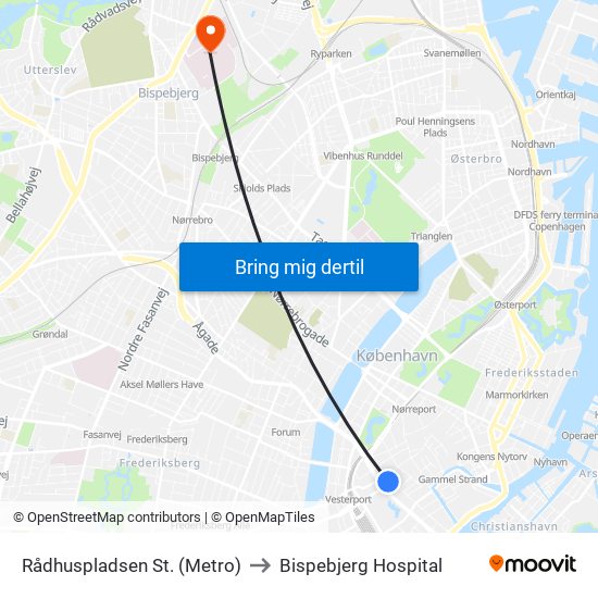 Rådhuspladsen St. (Metro) to Bispebjerg Hospital map