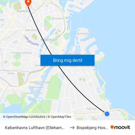 Københavns Lufthavn (Ellehammersvej) to Bispebjerg Hospital map