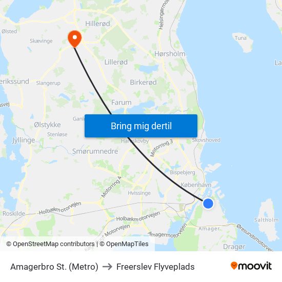 Amagerbro St. (Metro) to Freerslev Flyveplads map