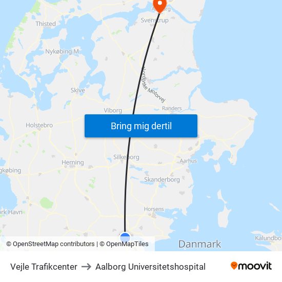 Vejle Trafikcenter to Aalborg Universitetshospital map