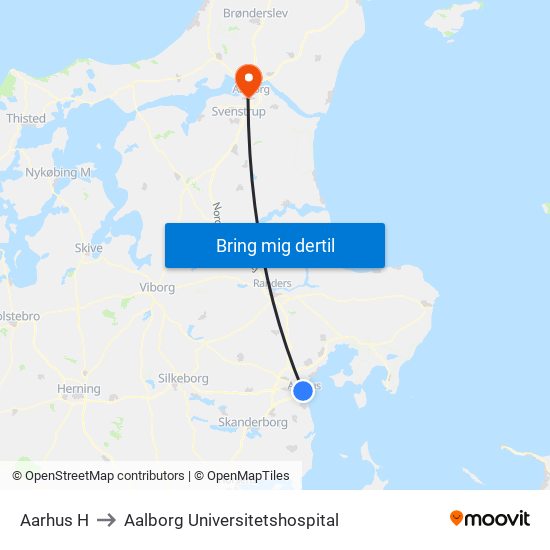 Aarhus H to Aalborg Universitetshospital map