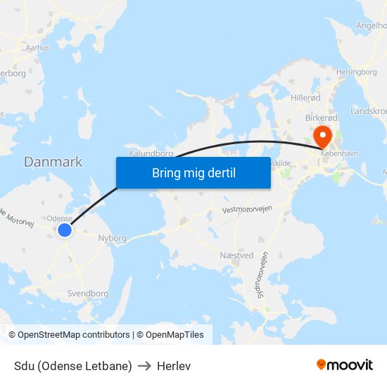 Sdu (Odense Letbane) to Herlev map