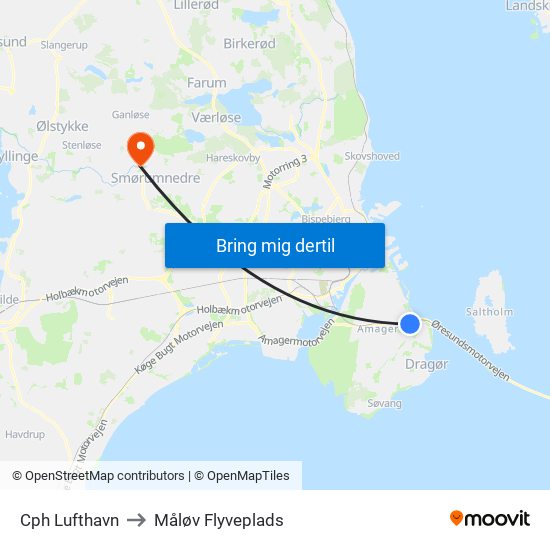 Cph Lufthavn to Måløv Flyveplads map