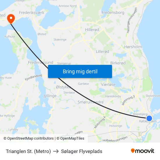 Trianglen St. (Metro) to Sølager Flyveplads map