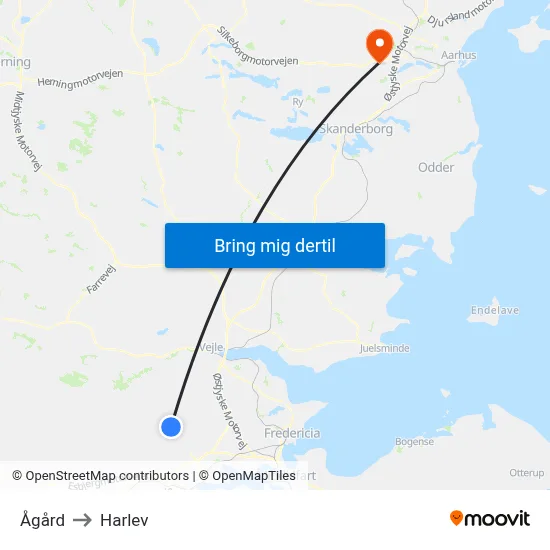 Ågård to Harlev map