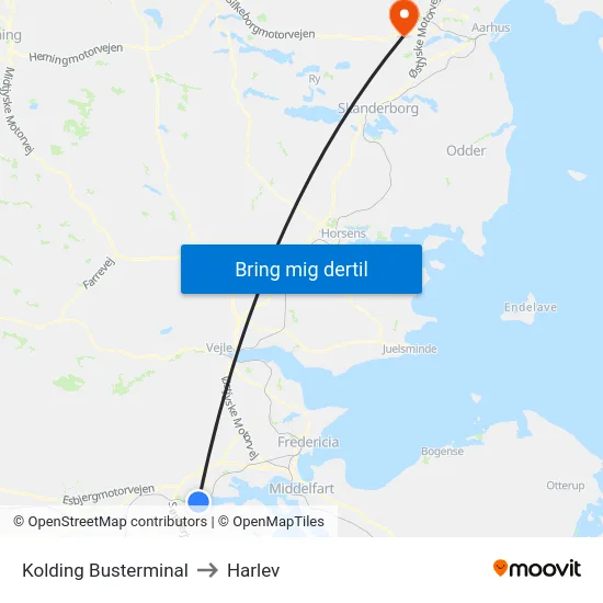 Kolding Busterminal to Harlev map